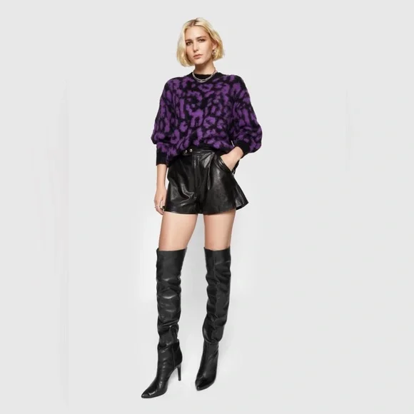 Rebecca Minkoff Purple and Black Gordon Leopard Print Crewneck Fuzzy Sweater M - Picture 2 of 9